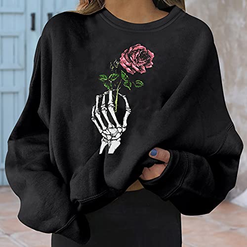 Crewneck Sweatshirts for Teen Girls Skeleton Hand Rose Sweatshirt Long Sleeve O Neck Pullover Tops2