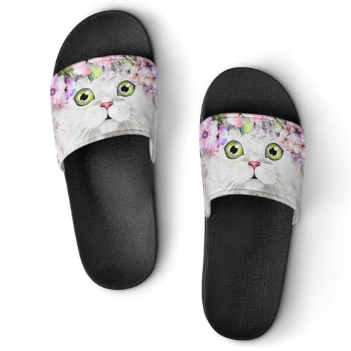 Claquettes femme chat blanc et fleurs : pantoufles de maison et de bain antidérapantes