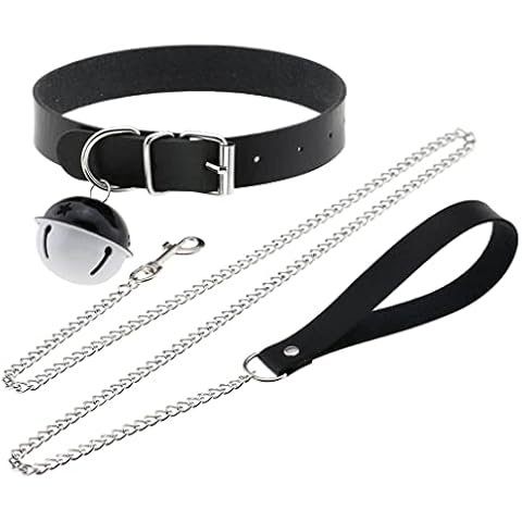 FM FM42 Black PU Simulated Leather Bell Collar Choker Necklace with Detachable Chain Leash Cover