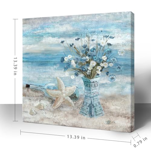Bathroom Decor Wall Art Blue Beach Picture Ocean Theme Flower Canvas Print Modern Coastal Seascape Painting Framed Seaside Artwork Floral Daisy in Indian Vase for Home Sea Lake Bedroom 14x14inch - Image 2