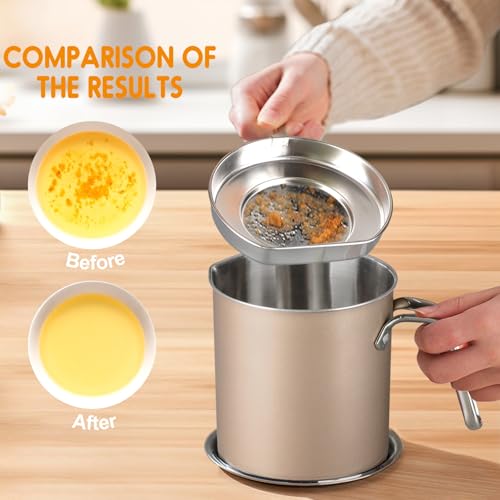 Image of Chihee Grease Container Stainless Steel 2L / 67.6 fl oz Fine Mesh Strainer | Easy to Clean Large Spout Bacon Grease Saver Cooking Oil Keeper Stoarge Can with Dust-proof Lid Non-slip Tray Kitchen Frying