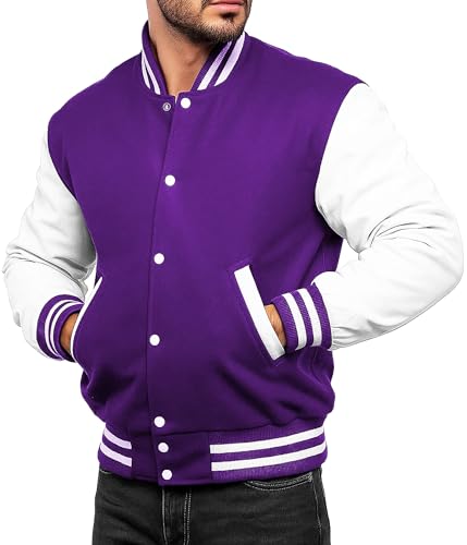 Image of Men Varsity Jacket College Baseball Letterman Wool Jacket Leather Sleeves
