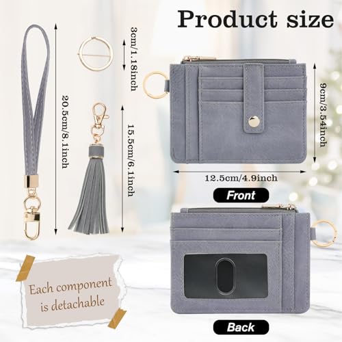 Image of KNGITRYI Wallet, Slim RFID Credit Card Holder with Wristlet Keychain, Gray (Unisex, PU Leather, 8 Card Slots, RFID Protected, Fashion Tassel)