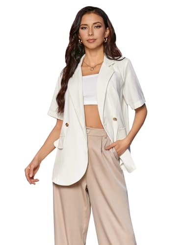 SweatyRocks Women's Casual Blazer Short Sleeve Open Front Notch Lapel Loose Work Office Suit Blazer Jackets