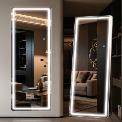 Antok LED Full Length Mirror, 59″ x 22″ Lighted Floor Standing LED Mirror Full Length,Hanging Mirror with Stand Free Standing Floor Mirror for Bedroom (Rect)