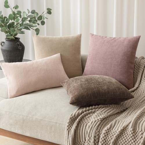 Image of Foindtower Pack of 2 Soft Textured Chenille Throw Decorative Pillow Covers Square Accent Solid Cushion Cover Cozy Neutral Farmhouse Pillow Case for Couch Sofa Bedroom Living Room 20x20 Inch,Dusty Rose