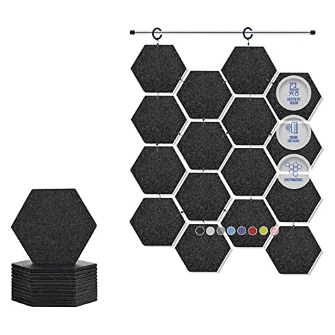 Arrowzoom 12 pieces Black Hanging Hexagon Acoustic Felt Clip-On Tile Panel Multi-Purpose Curtain Room Separator for Home, Office & Studio Soundproof 17x20x1cm SD1240 Cover
