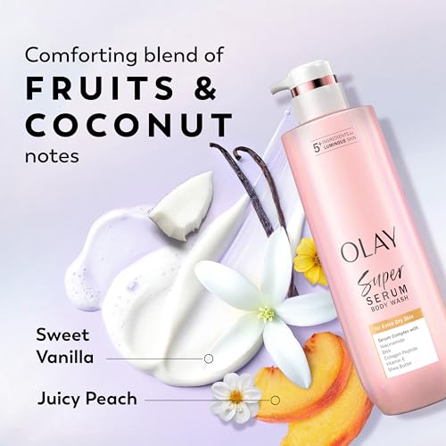 Image of Olay Super Serum Body Wash for Extra Dry Skin, 24hr Long Lasting Rich Hydration, 5+ Ingredient Complex for Bright, Even, Firm, & Luminous Skin, with Collagen Peptide, Vitamin C & Shea Butter, 20 fl oz