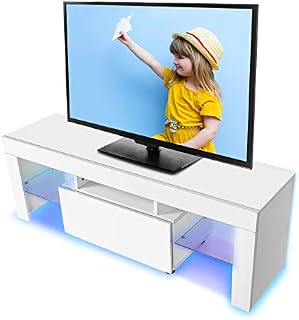 TV Stand Storage Unit White LED TV Stand Cabinet Unit Modern TV Desk With Storage Drawer High Gloss LED Strip and Remote Control for Entertainment 51.18 x 13.78 x 17.72in Living Room Furniture