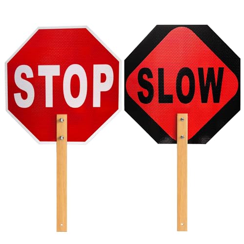 HEEASIGN Stop Slow Sign - Double Sided Street Slow Warning Metal Reflective Signs, 13x13in Octagon Rust Free Aluminum, with Bamboo Handle, Waterproof, Easy to Assemble(1PCS)