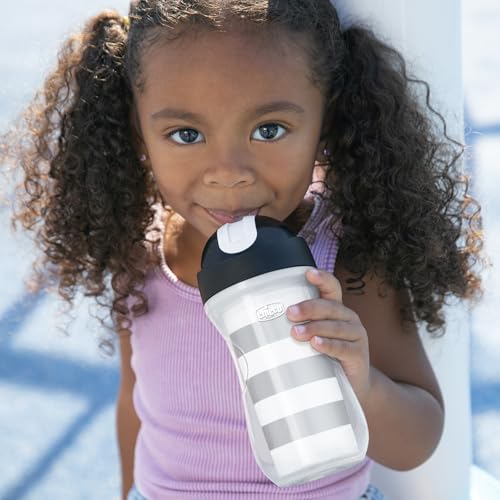 Image of Chicco Insulated Straw Sippy Cup 12+ Months, 9oz Toddler Training Cup with Spill-Free Flip-Top Lid, BPA-Free 2-Pack, Black /White /Silver