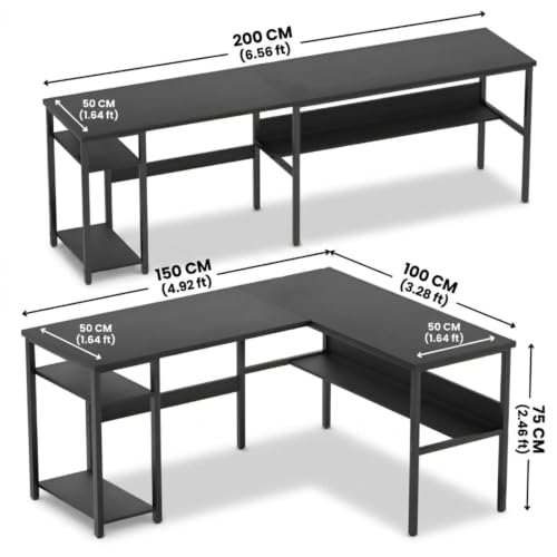 Image of L Shaped Office Desk with Storage Shelf | Wooden Study Table for Home | Computer Table for Home PC | Corner Workstation for Laptop & PC | Space Saving Office Setup | Black | 100 x 150 x 75 cm