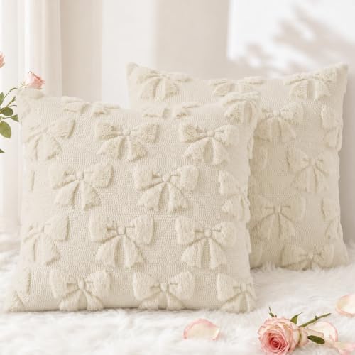 Image of decorUhome Beige Bow Cute Girl Faux Fur Throw Pillow Covers 18x18 Set of 2