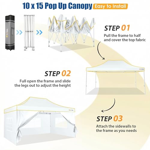 Image of HOTEEL 10x15 Pop up Canopy Tent for Parties, Heavy Duty Easy Setup Tent with 4 Sidewalls, Outdoor Commercial Instant Gazebo for Wedding Event, with Roller Bag & Sand Bags, White(Hexagonal Frame)