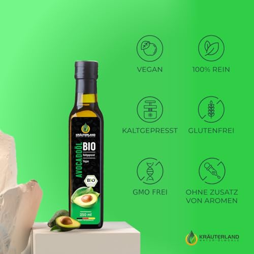 Foto von Kräuterland Bio Avocadoöl 2X250ml (500ml), Kaltgepresst, naturrein ohne Zusatzstoffe, Vegan & GVO-frei, geeignet für Haut & Haare, Premium Qualität
