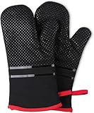 Ofenhandschuhe, hitzebeständige Küchenhandschuhe 300 °C, rutschfeste Silikon-Oberfläche, extra lang, flexibel, Dicke Handschuhe für Küche, Kochen, Backen, Grillen, Rot