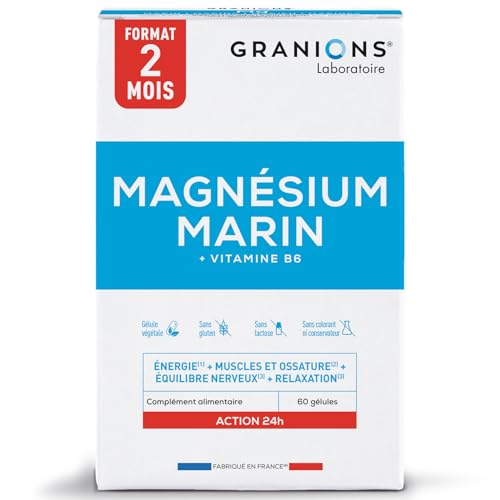 MAGNESIUM MARIN 200 MG GRANIONS - Format 2 mois - Fabriqué en France - Magnesium + Vitamine B6 - Magnesium Anti Stress - Anti Fatigue - Magnesium Marin...