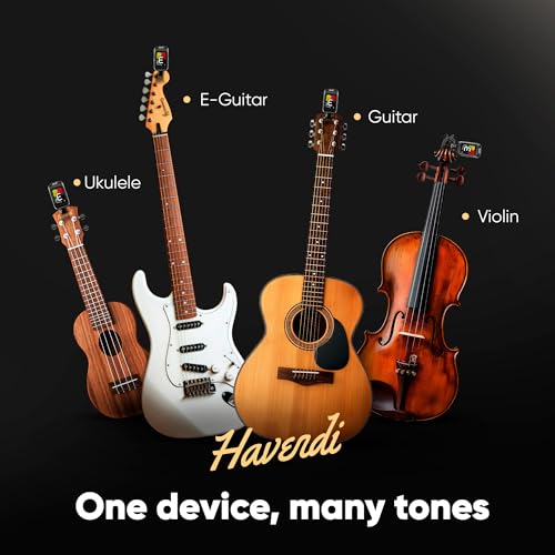 HAVENDI® Clip-On Guitar Tuner – for Guitar, Bass, Violin & Ukulele – Fast & Accurate Piezo Sensing – Color LCD Display, 360° Rotating Screen – Includes Battery – German-Engineered