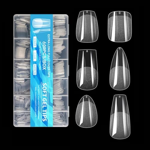 Image of QUEENFINGER Soft Gel Nail Tips - 600 Pcs Short Almond Shape, 12 Sizes - Full Cover Clear Tips for DIY Nails & Salons