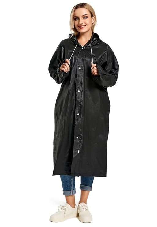 VKG Unisex EVA Waterproof Rain Coat Hooded Outdoor Water Resistant Suit Portable Suit (Black) (1 Piece) (Medium) (1 Piece) 1