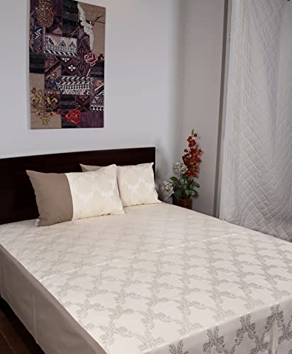 Image of Home The Best Cream Self Design Double Jacquard With 275 TC Chambray Cotton Bedsheets /Designer Bed Covers For King Size Bed With 2 Pillow Cover