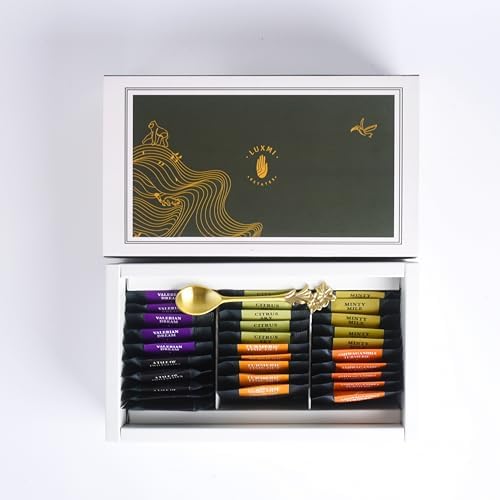 Image of Luxmi Estates Tea Bags Sampler Tea Assortment Gift Pack - Turmeric Time Out, Valerian Dream, Minty Mile, English breakfast, Citrus Sky, Astounding ashwagandha - 5n Each Envelope Teabag Sachets Of Everyday Tea & 1 pc spoon - 30 Pcs, 6 Flavors Elegant Gift Box, Premium Green & Herbal Variety Pack, Healthy Gift Pack | Valentines Day Gifts for Him & Her