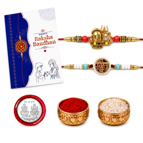 Image of Oblivion Rakhi For Brother - Elegant Stylish God Designer Rakhi with Beads and Silver Colour Pooja Coin, Tilak Set & Greeting Card - Traditional Raksha Bandhan Combo for Bhai