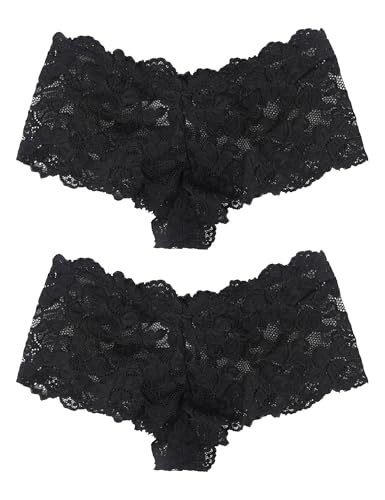comeondear Brazilian Slip Damen Spitze Sexy Hipster Panties Große Größen Erotische Höschen Unterwäsche String Tanga Durchsichtig Low Waist Thong Unterhosen Pant(2er Pack Schwarz,M)