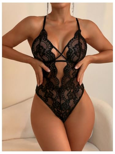 SOLY HUX Women's Floral Lace Criss Cross Lingerie Bodysuit Backless Deep V Neck Sheer Teddy Bodysuits2