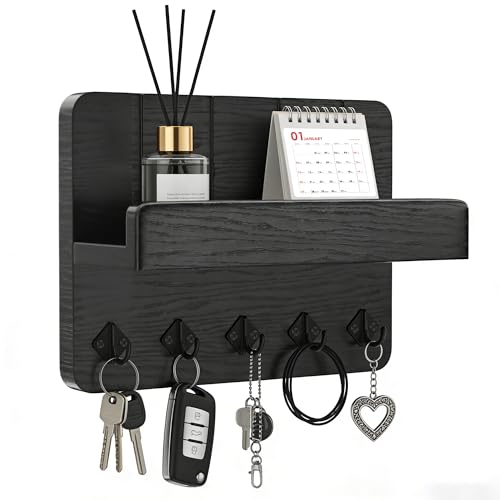 familaha Portachiavi con ripiano, portachiavi multifunzione, con 5 ganci, colore nero, per ingresso, corridoio, cucina, soggiorno, camera da letto