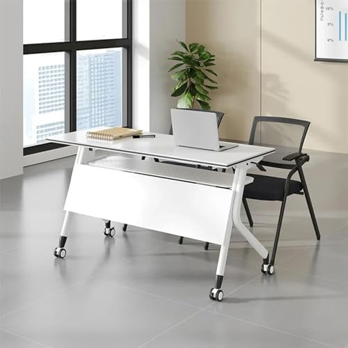 Rectangle Conference Table, White Small Conference Table, Folding Rectangle Conference Table with Silent Wheels, Multipurpose Flip Training Table for Office Meeting Room