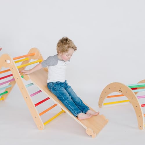 Image of Beright 4 in 1 Pikler Triangle Gym, Montessori Foldable Climber with Ramp, Indoor Climbing Toys for Kids, Climbing Triangle for Toddlers Arch Climber, Rocker, Learning Waldorf Children Toy, Rainbow