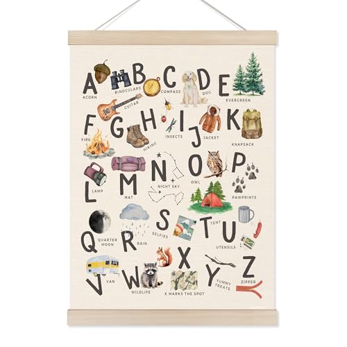 Image of Koesus Camping Alphabet Nursery Wall Art Poster Hanger Frame 12x16 Inch, Camper RV Decor, ABC Educational Learning Canvas Pictures Prints Framed Wall Decor for Kids Room Nursery Preschool Classroom