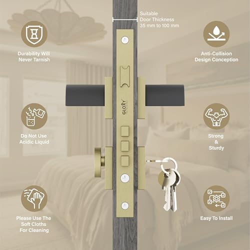 Image of GLOXY Security Door Locks for Main Door, Door Lock for Bedroom, Mortise Door Lock Set, Handle Set with 3 Brass Key for Kitchen, Balcony | Antique & Black (2 Years Warranty, Pack of 1)