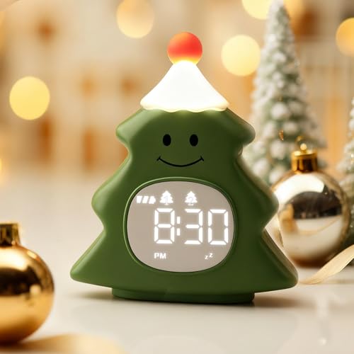 緑のクリスマスツリー可愛いナイトライト&睡眠トレーニング光目覚まし時計|充電式シリコン製で安全|男の子 女の子 ベッドルーム用
