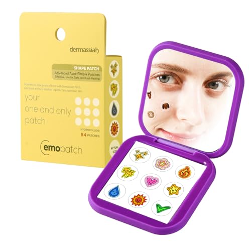 EMO PATCH Acne Pimple Patches for Face 54 Count with Mirror Case for Day & Night Use - Hydrocolloid Pimple Pads, Emoji-Themed Blemish Dots, Clear Skin Treatment (Shape)