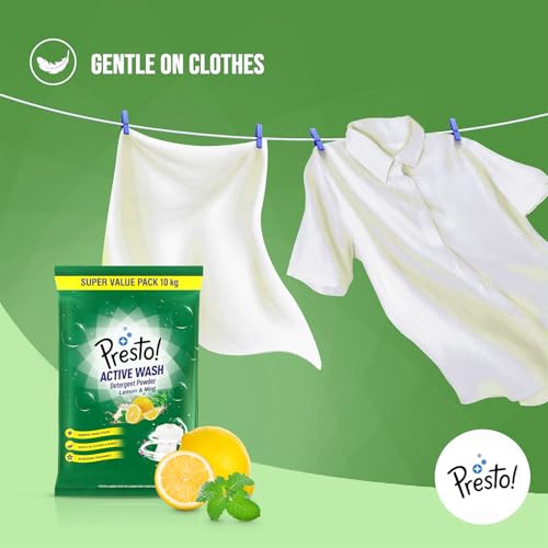 Image of Amazon Brand - Presto! Active Wash Detergent Powder | 10 Kg | Lemon and Mint | Tough On Stains | Gentle On Fabrics