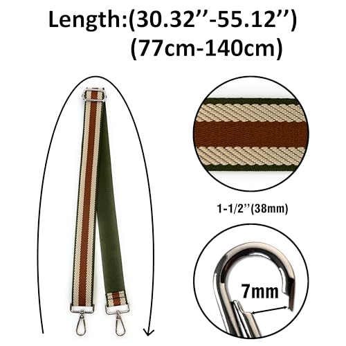 Image of Green Beige Brown Stripe Purse Strap with Silver Hardware 1-1 /2 Inch Wide Replacement Crossbody Guitar Style Shoulder Strap for Handbags Totes
