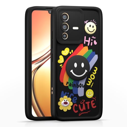 Image of Pikkme Back Cover for Vivo V23 5G | Soft Silicone| Cute Rainbow Smile & 3D Cartoon Flower Design | Shockproof Raised Camera Protection Bumper Case (Black)