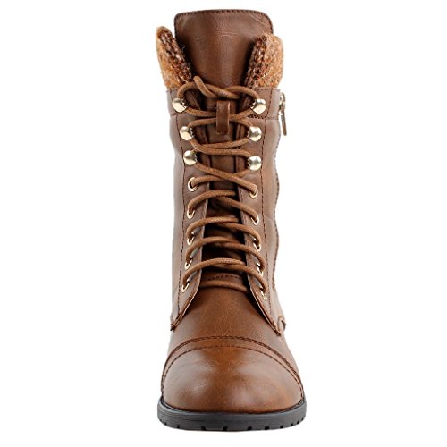 Forever Link Womens Mango-31 Round Toe Military Lace Up Knit Ankle Cuff Low Heel Combat Boots,Brown Pu,10 #TOP2