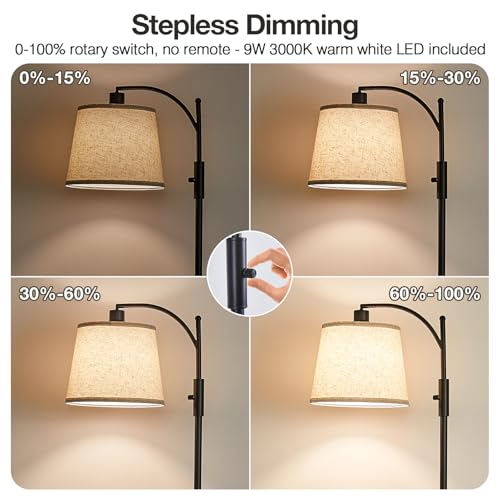 Image of AIDENOEY Fully Dimmable Floor Lamp for Living Room,Standing Lamp Rotary Switch with Table&Linen Beige Shade,Black Tall Lamps for Bedroom with Adjust Head,9W LED Bulb Included