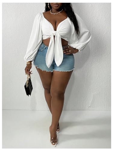 WDIRARA Women's Plus Size Sexy Deep V Neck Tie Front Long Sleeve Crop Tops Blouse4