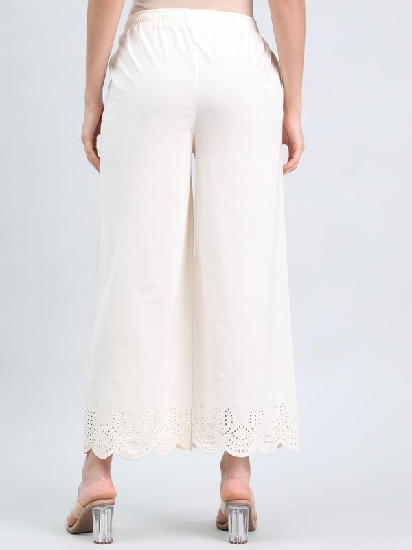 Image of GO COLORS Women's Cotton Hakoba Palazzo | Ankle Length, Schiffli Embroidery, Relaxed Fit, Mid-Rise with Side Pocket