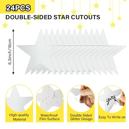 Image of Star Cutouts, 24PCS Metallic Double Printed Paper Stars, 6 Inch Cardboard Decoration for Christmas Wedding Movie Night Bulletin Board Party Supplies, Silver