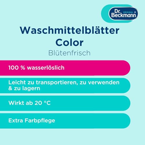 Dr. Beckmann MAGIC LEAVES Waschmittel-Blätter COLOR | vordosierte & wasserlösliche Waschblätter | platzsparend und leicht anzuwenden | 80 Blätter