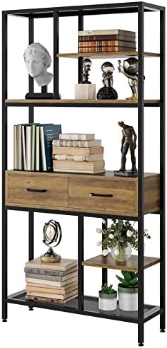 URKNO Tall Bookshelf with Drawers, Industrial Bookcase with 6 Tiers Storage Shelves, Office Book Shelves Book Display Shelf for Bedroom, Living Room, Home Office, Mental Frame, Rustic Brown