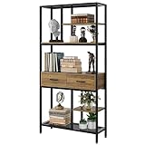 URKNO Tall Bookshelf with Drawers, Industrial Bookcase with 6 Tiers Storage Shelves, Office Book She