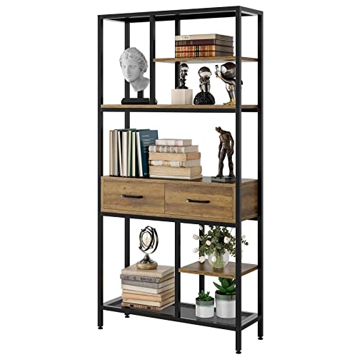 Urkno Tall Bookshelf With Drawers, Industrial Bookcase With 6 Tiers Storage Shelves, Office Book Shelves Book Display Shelf For Bedroom, Living Room, Home Office, Mental Frame, Rustic Brown #TOP19