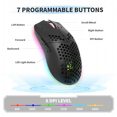 Wired Gaming Mouse, 6 RGB Lighting 6400 DPI Programmable USB Gaming Mice with 6 Buttons, Honeycomb Shell Ergonomic Design for PC Gamers and Xbox and PS4 Users -Black – Image 5