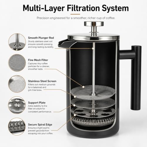 Image of AXEON French Press Coffee Maker - 350ml | 304 Stainless Steel Plunger | 4-Layer Filtration for Grit-Free Brew | Heat Retention, Rust-Free, Portable Coffee Maker for Home, Travel & Office (Black)